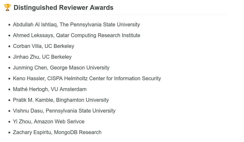 USENIX Security 2026 Artifact Evaluation Distinguished Reviewer Award graphic